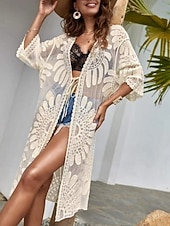 baratos Kaftans-Mulheres Roupa de Banho Cobertura roupa de banho Renda Férias Roupa de Praia Floral Manga Longa Fatos de banho