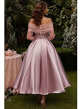 preiswerte Cocktailkleider-Ballkleid A-Linie Knöchellänge Cocktailkleider Partykleider Elegant Vintage Langarm Schulterfrei Hochzeit Formell Abnehmbar Satin mit Schal