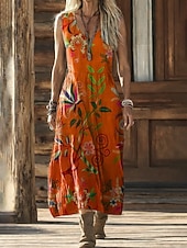 tanie Podstawowe sztuczne sukienki-Damskie Sukienka midi Sukienka Boho Mieszanka lnu Sukienka koszulowa Sukienka letnia Elegancja Bohema Etniczne Plaża Święto Regularny Graficzny Geometryczny Bez rękawów W serek Rumiany r