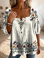 abordables Blouses Florales-Femmes Chemisier Boutons Imprimé Fleuri Graphique Quotidien Élégant Occasionnel Demi Manches Col carré Hauts Réguliers Occasionnel Quotidien Bleu Beige Été Printemps