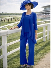 preiswerte Hosenanzüge für Mama-Dreiteilig Bodenlang Brautmutterkleid Langarm Rundhalsausschnitt Elegant Vintage Formell Hochzeitsgast Formeller Abend Spandex mit Einfarbig