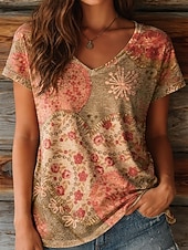 voordelige T-shirt floral-Women's T Shirt Print Floral Graphic Plants Stylish Casual Short Sleeve V Neck Regular Tops Casual Daily Pink Purple Summer Spring