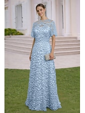 cheap Floor Length-A-Line Dress Floor Length Wedding Guest Dress Formal Dresses Evening Gown Mother of the Bride Dress Short Sleeve Crew Neck Elegant Simple Embellished Formal Lace with 3D Flowers
