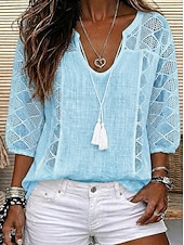 economico Top in Pizzo-Per donna Blusa Top in pizzo Pizzo Traforato Semplice Elegante Moderno Manica 3/4 Collo a U Top lunghi Casuale Quotidiano Spiaggia Blu Bianco Giallo Estate Primavera