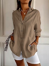 levne Jednoduché blůzy-Dámské Košile Bavlněné lněné košile Tlačítko nahoru Halenka Pevná barva Základní Na běžné nošení Dlouhý rukáv Biskup Košilový límec Běžné topy Dovolená Denní Slátanina Knoflíky Světlá růžová Vodn