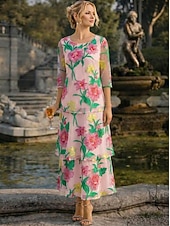 billige Ankellengde-A-linje Kjoler Ankellengde Festkjole Cocktail Kjole Kjole til brudens mor Halvlange ermer Øsehals Elegant Årgang Formell Bryllupsgjest Ferie Chiffon med Blomstertrykk Drapert Broderi