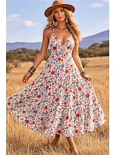 cheap Boho Dress-Women's Maxi Dress Boho Dress Sundress Casual Dress Ethnic Dress Elegant Bohemia Vacation Beach Holiday Date Loose Fit Floral Graphic Sleeveless V Neck Black Red Orange Summer Spring