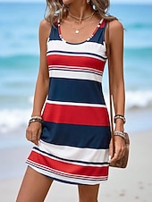 baratos Vestido Listrado e Geométrico-Mulheres Minivestido Vestido A Line Férias Casual Praia Feriado Normal Gráfico Geométrica Sem Manga Decote U Vermelho Verão Primavera