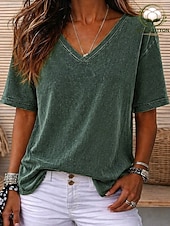 cheap Basic Women's Tops-SoftFade™ Women's 100% Cotton T Shirt Cotton Acid Wash Vintage Fashion Stylish Short Sleeve V Neck Regular Tops Casual Daily Going out Blue Purple / Blue Black Purple Orange Summer Spring