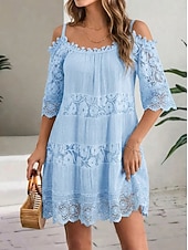 halpa Boho-mekko-Naisten Mini mekko Valkoinen mekko Valmistujaismekko Pitsimekko Boho-mekko Tyylikäs Perus Moderni Loma Loose Fit Puhdas väri Puolihiha Tiukka pyöreä kaula-aukko Musta Valkoinen Apila Vaalean sininen