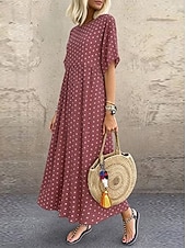 preiswerte T Shirt-Kleider-Damen Midikleid Freizeitkleid T-Shirt-Kleid A Linie Kleid Elegant Mode Modern Outdoor Urlaub Ausgehen Normale Passform Tupfen Kurzarm Rundhalsausschnitt Blau Gelb Rosa Grün Sommer Frühling