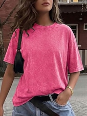 ieftine tricou simplu-Tricou damă 100% bumbac, vintage, spălat, topuri, modă, stilat, clasic, mânecă scurtă, guler rotund, topuri lungi, casual, zilnic, plajă, trandafir, roșu, albastru, verde iarbă, negru, portocaliu, vară, primăvară