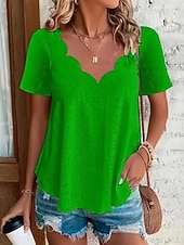 cheap Plain Blouses-Women's Pointelle Shirt Eyelet Top Blouse Eyelet Plain Active Basic Casual Short Sleeve V Neck Regular Tops Casual Daily Beach Black White Yellow Pink Wine Summer Spring