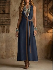 abordables Vestidos-Mujer Vestido maxi Vestidos con tacto de lino Vestido bohemio Vestido de Columpio Elegante Moda Moderno Exterior Festivos Noche Ajuste regular Bloque de color Sin Mangas Collar mandarín Blanco