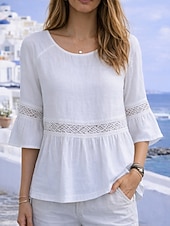 economico Bluse Semplici-Per donna Blusa Volant Traforato Tinta unica Lussuoso Casual Manica 3/4 Girocollo Top Regolari Quotidiano Bianco Giallo Verde chiaro Rosa Viola chiaro Estate Primavera Autunno