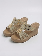 economico Donne-Sandali con zeppa da donna con strass – ciabatte con plateau decorate con motivi floreali scintillanti, comode scarpe estive per vacanze all'aperto, passeggiate in spiaggia e abbigliamento da resort.