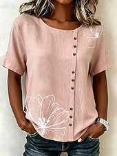 cheap Floral Blouses-Women's Blouse Buttons Print Floral Graphic Vintage Tropical Stylish Short Sleeve Crew Neck Regular Tops Casual Holiday Blue Pink Purple Green Summer Spring