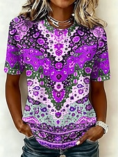 cheap Boho tee-Women's T Shirt Print Graphic Tribal Vintage Stylish Casual Short Sleeve Crew Neck Round Neck Regular Tops Casual Daily Blue Purple Orange Green Summer Spring