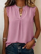 billiga Enkel tank-Dam Spetsskjorta Blus Chiffong toppar Lappverk Slät Elegant Semester Ärmlös V-hals Långa toppar Ledigt Vitt mönster Rodnande Rosa Grön Beige Sommar