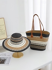 cheap Vacation &amp; Travel Bags-Women's Bohemian Striped Straw Tote Bag and Sun Hat Set, Boho Ethnic Woven Beach Vacation Handbag Set in Multiple Colors for Resort Travel, Casual Summer Outfits and Everyday Wear