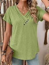 baratos Camiseta lisa-Mulheres Tops de verão Franzido Botões à moda Clássico Manga Curta Decote V Tops regulares Casual Diário Roupas de férias Preto Branco Rosa Vermelho Azul Real Verão Primavera