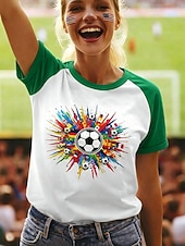  Fußball-T-Shirt für Damen mit Farbblockdruck, abstraktem, stylischem, lässigem Kurzarm-Rundhalsausschnitt, regulärem Oberteil, lässigem Alltags-Look, blau, schwarz, rot, grün, Sommer, Frühling
