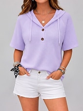  בגדי ריקוד נשים חולצה חולצת וופל טלאים כפתורים צבע אחיד אחיד אלגנטית מסוגנן קלסי ללא שרוולים שרוולים קצרים עם קפוצ'ון חולצות רגילות קזו'אל יומי חגים ירוק בהיר ורוד מסמיק סגול בהיר כחול בהיר