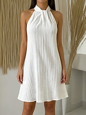 cheap Plain Dress-Women's Textured  Mini Dress Shift Dress Casual Dress Halter Neck Dress Elegant Fashion Modern Daily Vacation Going out Regular Fit Plain Sleeveless Halter Neck White Summer Spring