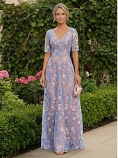 economico Lunghezza del pavimento-Linea ad A Lunghezza al pavimento Abito da cerimonia per signora Manica Corta Mezza Manica Scollo a V Elegante Vintage Abbellito Formale Ospite di nozze Ricevimento di matrimonio Pizzo Tulle con