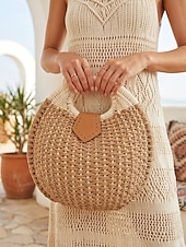 economico Borsette e borse tote-Borsa tote rotonda da donna in paglia, disponibile in diversi colori, ideale per vacanze al mare, viaggi in resort, outfit estivi casual e per un look boho di tutti i giorni.