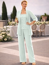 abordables Trajes de pantalón de mamá-Conjunto de pantalón vestido largo madre de la novia Manga larga Escote joya Elegante Simple invitada de boda con color sólido