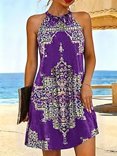 economico Abiti Boho-Per donna Abito al ginocchio Abito a trapezio Abito Estivo Vacanza Casual Vestibilità regolare Grafico Boho Paisley Damasco Senza Maniche All'americana Rosso Viola Arancione Verde Estate Primavera