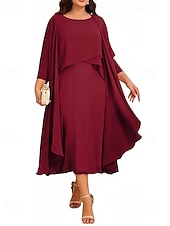 cheap Mom's Dress Sets-Two Piece A-Line Tea Length Wedding Guest Dress Mother of the Bride Dress 3/4 Length Sleeve Jewel Neck Elegant Vintage Wedding Party Chiffon with Beading
