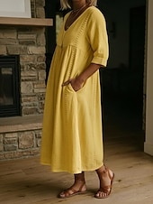  Femmes Robe Midi Robes effet lin Robe d'Été Robe trapèze Robe d'été Vacances Fête Basique Quotidien Bureau Plage Coupe Ample Uni Demi Manches Col en V Bleu Ciel Noir Olive verte Jaune Été Printemps