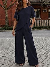  Mujer Camiseta Conjuntos de pantalones Bolero Manga Corta Cuello Barco Color sólido Moda Ropa de calle Diario Exterior Vacaciones Azul Piscina Vino Verde Trébol Verano Holgado
