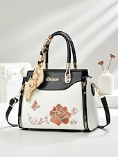 Χαμηλού Κόστους Τσάντακι &amp; Totes-Γυναικεία τσάντα χειρός με κέντημα και λουλούδι, με διακοσμητικό κασκόλ, από συνθετικό δέρμα, σε πολλά χρώματα, κομψό, casual στυλ, ιδανική για καθημερινή χρήση, γραφείο και κοινωνικές συγκεντρώσεις.