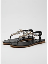abordables Sandalias Planas-Sandalias con tira en T y adorno de diamantes de imitación verdes para mujer con correa elástica en el tobillo: calzado de verano elegante para playa, fiestas o ropa informal