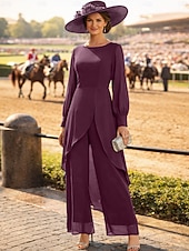 billige Mammas buksedresser-Buksedrakt Asymmetrisk Kjole til brudens mor Langermet Crew-hals Elegant Formell Bryllupsgjest Formell kveld Chiffon med Ensfarget