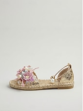 cheap Flat Sandals-Women's White Floral Embellished Flat Sandals, Open Toe Resort Slides with Pearl Detail for Vacation Dinner, Beach Party &amp; Summer Evenings