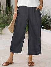  Mulheres Calças com toque de linho Calças Capri Calças Shorts de verão Férias Moda Básico Comprimento total Cintura Alta Côr Sólida Tecido Bolsos Perna larga Cintura elástica Conforto Macio Respirável