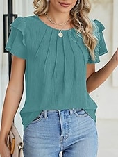voordelige Effen t-shirt-Dames T-shirt Met ruches Effen Elegant Modieus Stijlvol Korte mouw Strakke ronde hals Normale tops Dagelijks Uitgaan Weekend Zwart Wit Marineblauw Groen Abrikoos Zomer Lente