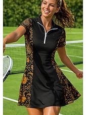 Χαμηλού Κόστους Φόρεμα Γυναικών-Γυναικεία Μπόχο Άνθινο Φόρεμα πόλο τένις Κοντομάνικο Τρίμηνο φερμουάρ Ελαστικό Σκούπισμα ιδρώτα Αναπνέει Πετόσφαιρα Τέννις Γκολφ Απορρίπτω Φορέματα Μαύρο Ρούχα τένις