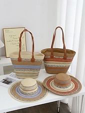 cheap Vacation &amp; Travel Bags-Women's Bohemian Striped Straw Tote Bag and Sun Hat Set, Boho Ethnic Woven Beach Vacation Handbag Set in Multiple Colors for Resort Travel, Casual Summer Outfits and Everyday Wear