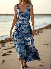 cheap Ethnic Boho Dress-Women's Maxi Dress Boho Dress Vintage Dress Casual Dress Vintage Holiday Loose Fit Boho Floral Graphic Sleeveless V Neck Blue Red Orange Summer Spring