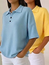 tanie Gładkie bluzki-Damskie Koszula waflowa Jednokolorowe Elegancja Aktywny Urlop Bez rękawów Rękaw 1/2 W serek Kołnierz polo Długie topy Codzienny Na zewnątrz Streetwear Niebieski / Czarny Biały + czarny Czerwony