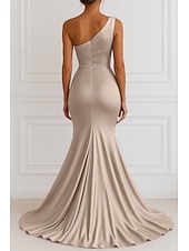 abordables Vestidos de Noche Sirena-Corte Trompeta Sirena Hasta el Suelo Vestidos de noche Elegante Sin Mangas Un Hombro Boda Formal Vestido rosa Satén elástico con Plisado