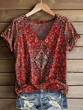 baratos T-shirt Boho-Mulheres Camiseta Imprimir Floral Gráfico Plantas Vintage à moda Clássico Manga Curta Decote V Tops longos Diário Final de semana Azul Laranja + Verde Branco Amarelo Rosa Verão Primavera