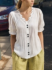  Per donna Maglietta Pizzo Patchwork Semplice Elegante Moda Classico Manica Corta Scollo a V Top lunghi Casuale Quotidiano Uscire Bianco Estate Primavera