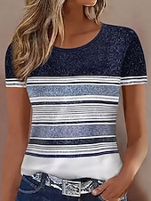 billiga Randig och geometrisk t-shirt-Dam T-shirt Färgblock Mönster Grafisk Geometrisk Randig Vintage Mode Stylish Kortärmad Rund hals Vanliga toppar Dagligen Blå Gul Brun Grå Sommar Vår
