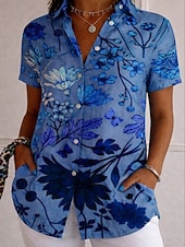 economico Bluse Floreali-Per donna Camicia Camicia button-down Camicia casual Top estivi Bottoni Stampato Floreale Grafico Vintage Elegante Moderno Manica Corta Colletto a Camicia Top lunghi Quotidiano Blu Bianco e blu